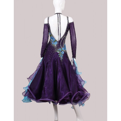 Custom size competition dark purple ballroom dance dresses for women girls professional stage performance foxtrot tango waltz smooth dance long dresses
